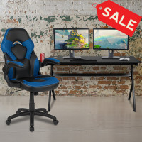 Flash Furniture BLN-X10D1904L-BL-GG Gaming Desk and Blue/Black Racing Chair Set /Cup Holder/Headphone Hook/Removable Mouse Pad Top - 2 Wire Management Holes